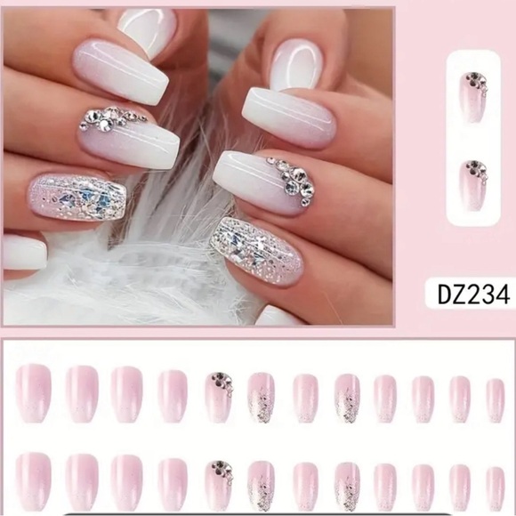 24 Pcs Glossy Short Coffin Press On Nails Pink And White French Style - Picture 2 of 4